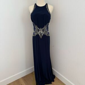Sean Collection Navy Evening Gown with Silver Embellishment - Size 10
